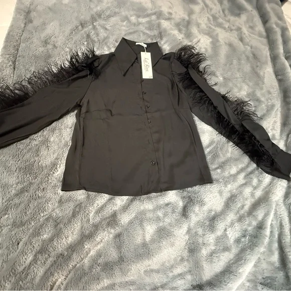 Black Feather Trim Button-Up Shirt - Picture 4 of 6